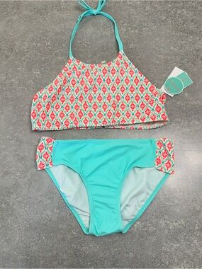Copper Key Aqua and Pink Patterned Girls Two-Piece Swim Bikini